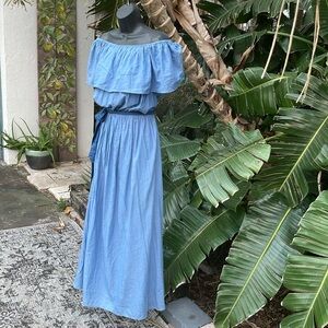 Off the shoulder,ruffled denim look dress